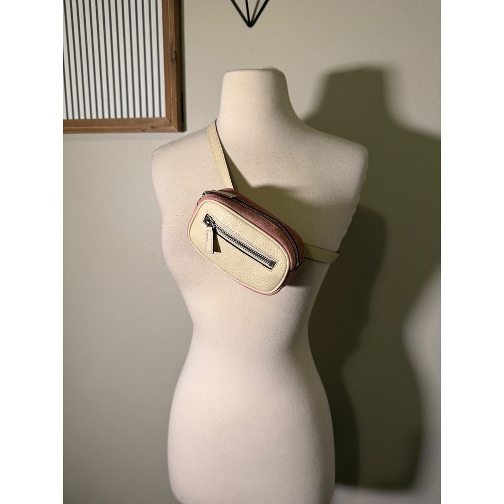Levenger Leather Suede Belt Bag‎ Cream Pink Striped Lining Fanny Pack Crossbody